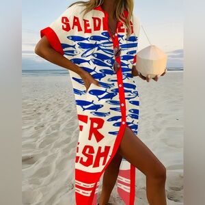Vibrant Red and Blue Graphic Maxi Dress